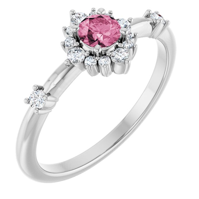 Sterling Silver Natural Pink Tourmaline & 1/6 CTW Natural Diamond Halo-Style Ring 